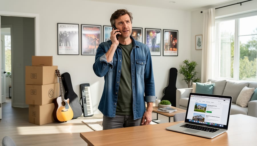 Indie musician with guitar case standing in front of house with for sale sign