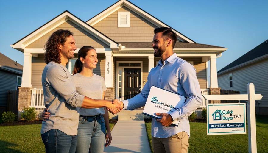 Professional handshake between house buyer representative and indie musician over completed sale documents