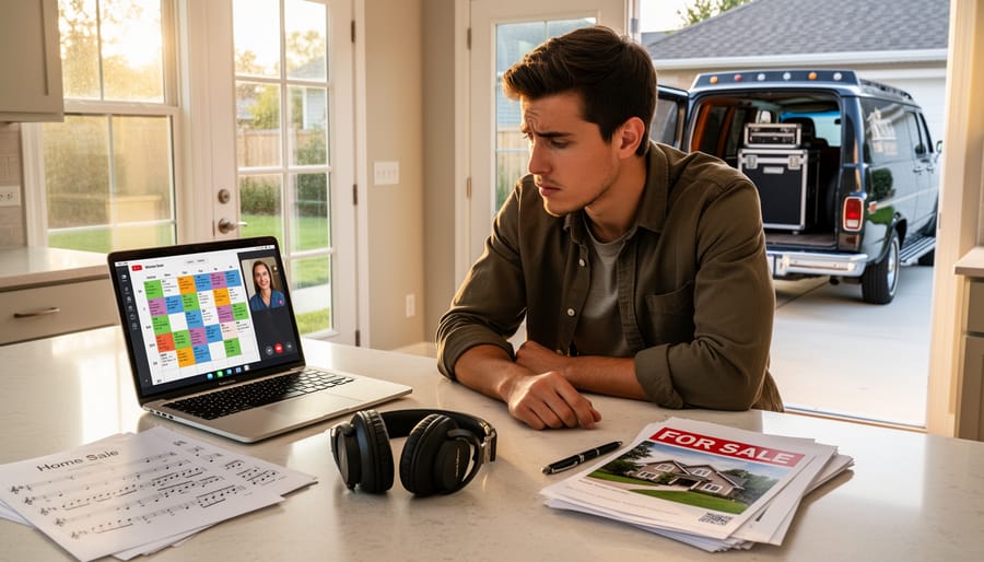 Musician's hands with smartphone calendar next to house sale documents and keys